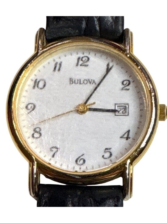 Bulova Womens Gold-Tone Watch Speidel Black Leather Band Vintage 1990’s Era READ main image 6